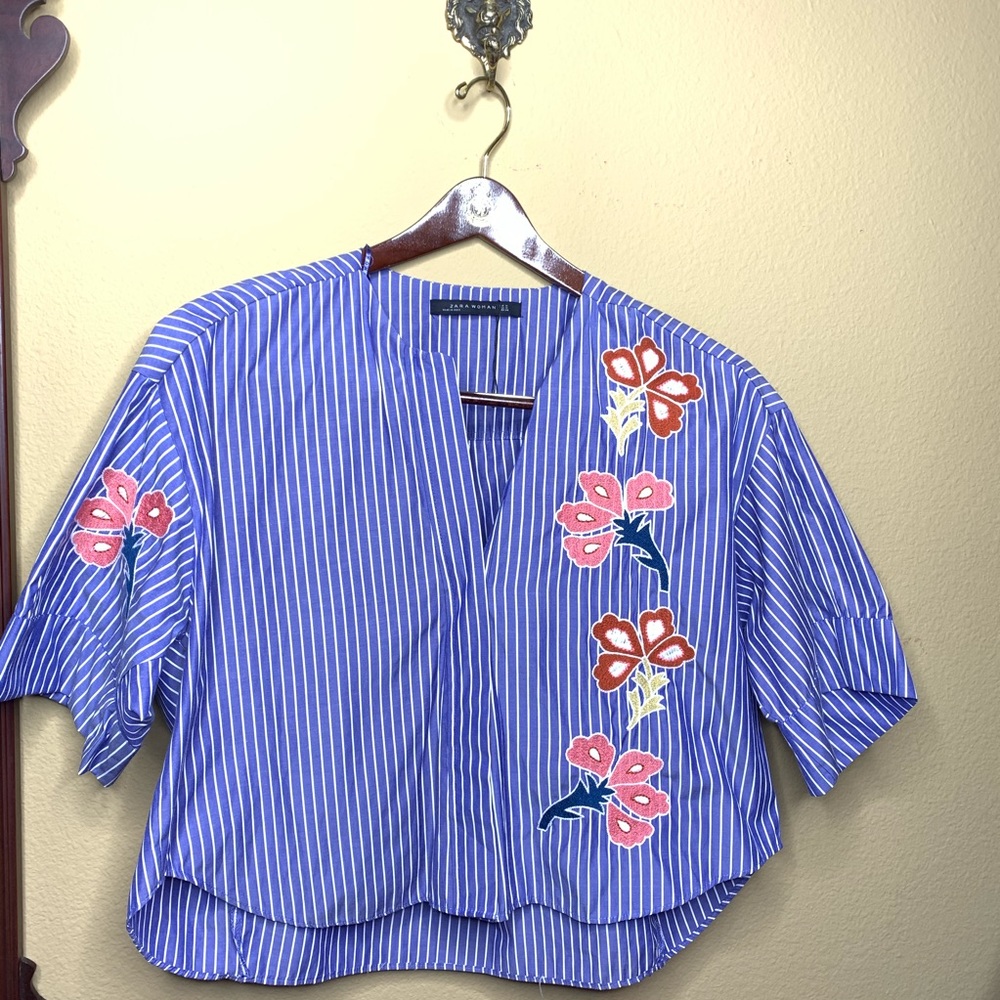Zara Blue Striped Floral Blouse